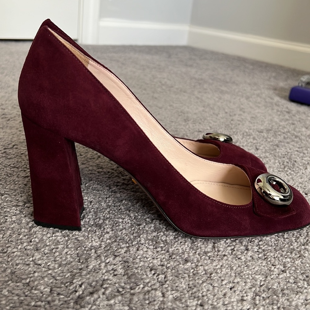 Prada Burgundy Suede Gold Button Heels - Picture 5 of 10